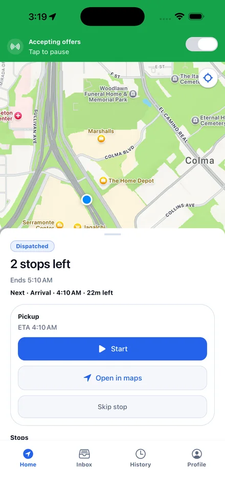 RO Driver showing an active dispatched route, map, next stop, ETA, and navigation action