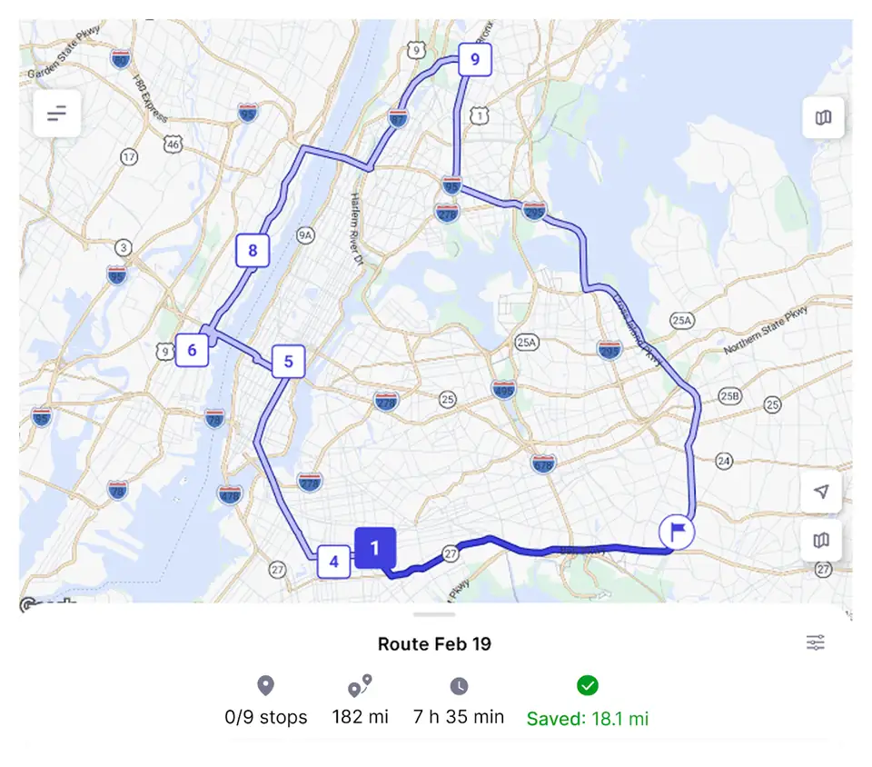 Optimized multi-stop route on a map, with stop count, distance, drive time, and savings