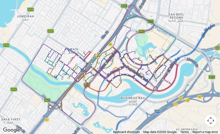 Original plan on Google Maps: 100 stops grouped into 10 routes in Dubai