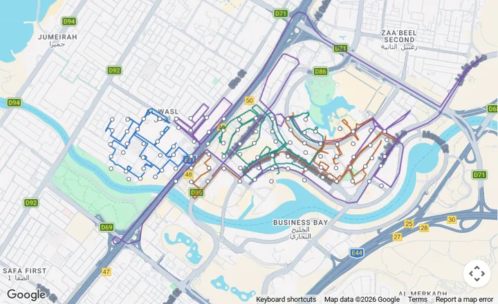Route Optima plan on Google Maps: the same 100 stops on 4 routes
