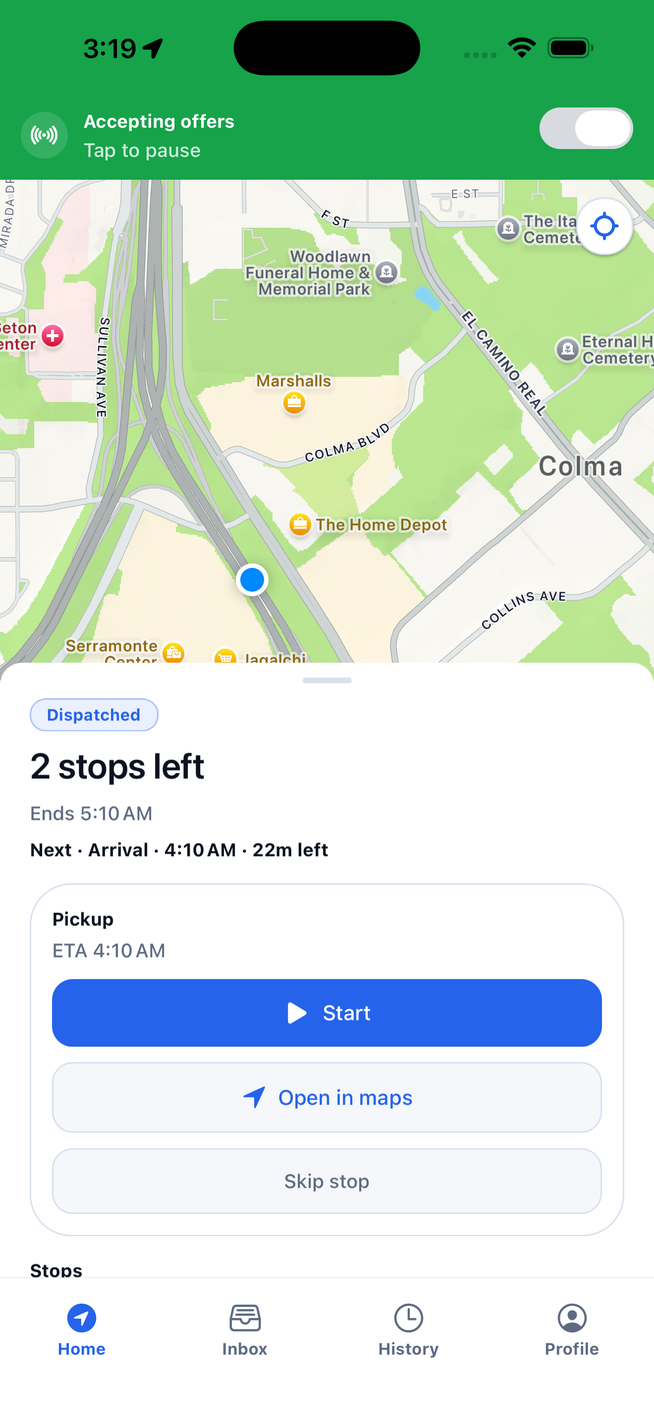 RO Driver app showing an active trip with map, next stop details, and Start button
